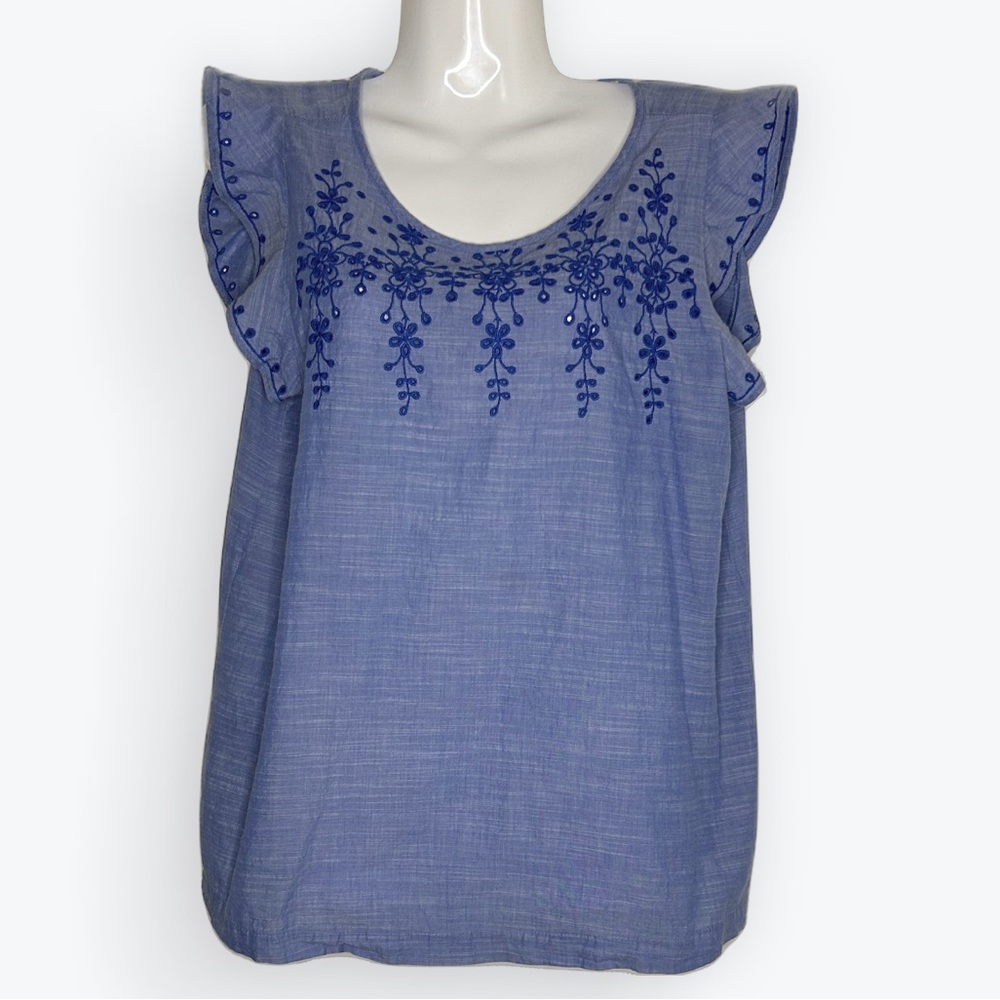 LOFT Chambray Blouse Eyelet Embroidered Flutter Sleeve Size S